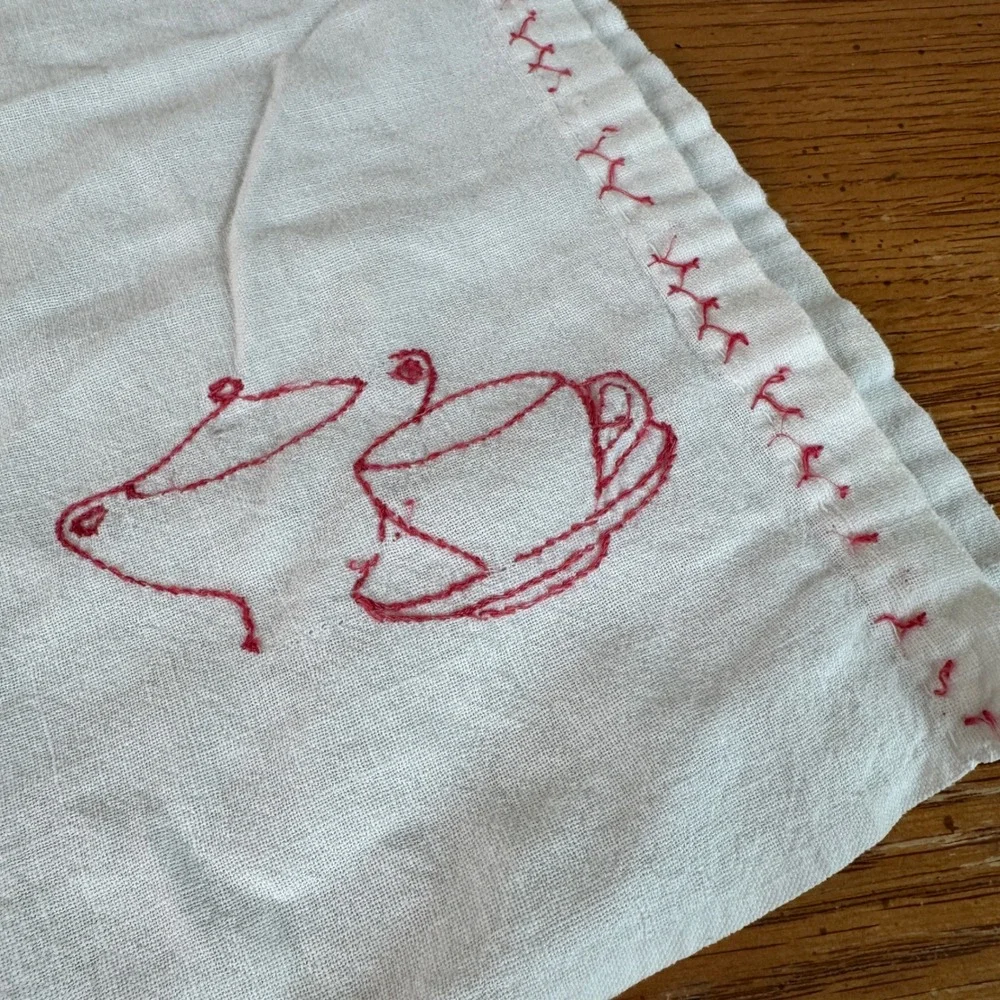 Vintage‎ Redwork Hand Embroidered Tea Towel China Teacup Teapot White Cotton